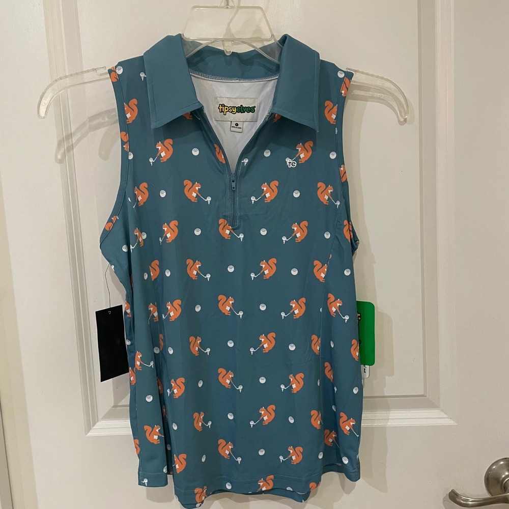 Tipsy Elves Womens Squirrel Golf Polo Teal Blue Sleeveless Quarter Zip